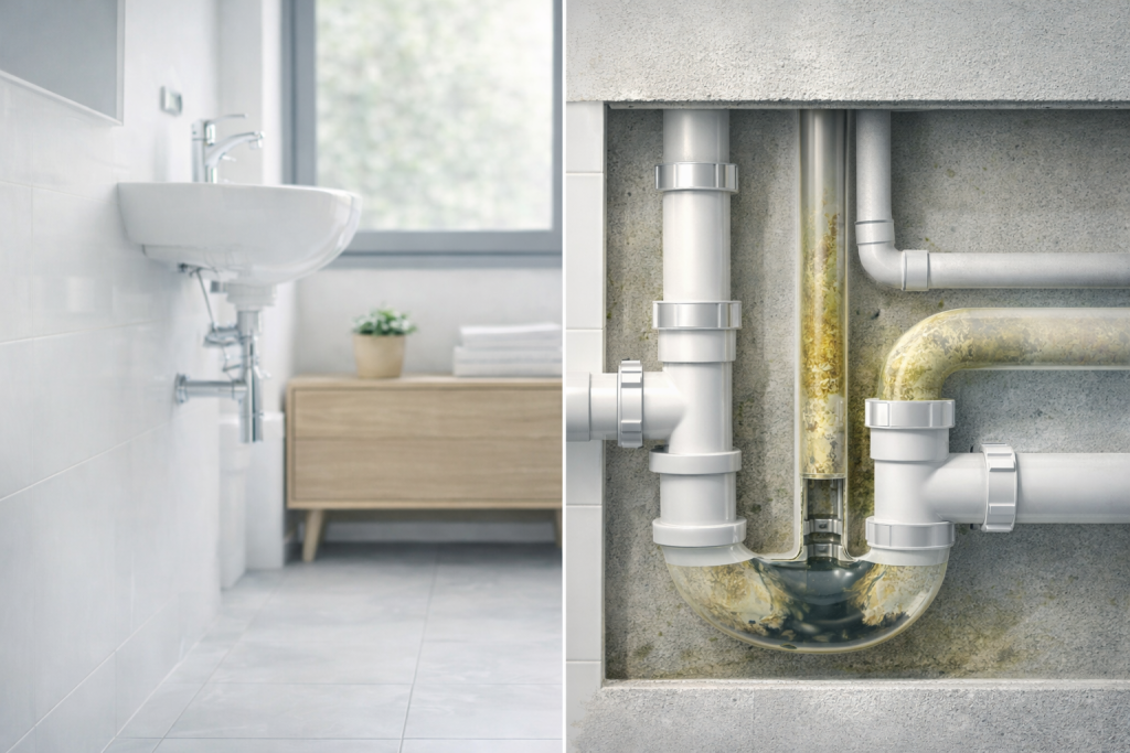 modern bathroom vs hidden plumbing system.webp